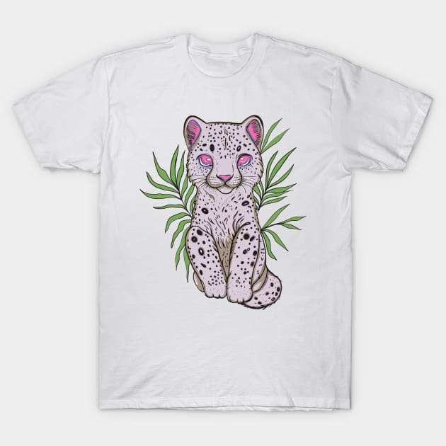 Baby Snow Leopard in Palm Leaves T-Shirt by jen28